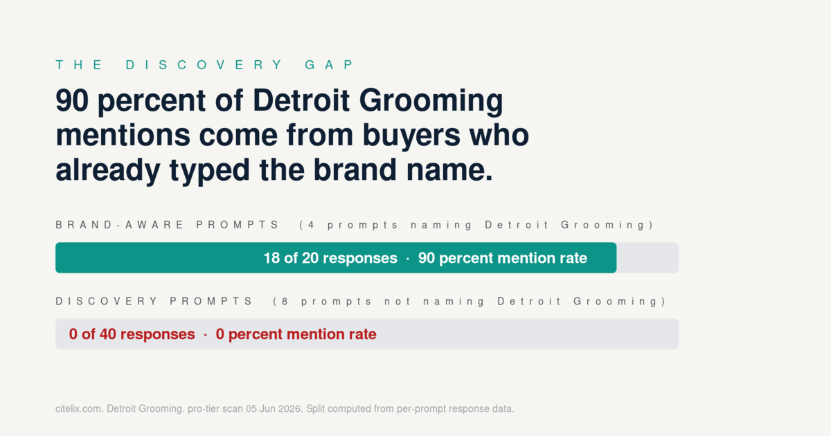 Discovery gap: 90 percent of mentions come from brand-aware prompts, 0 percent from discovery prompts